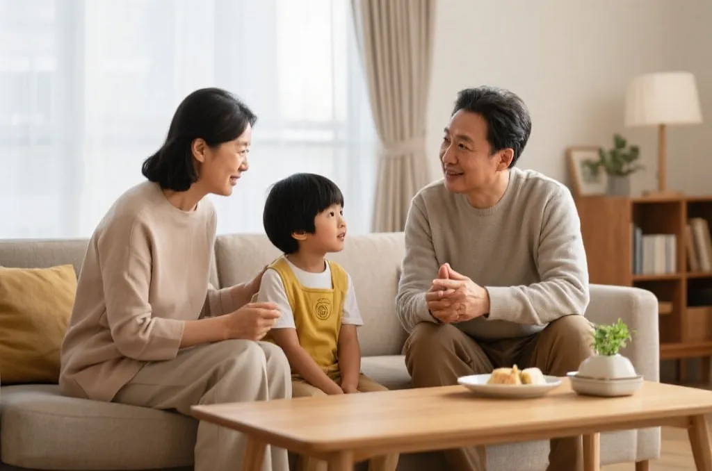 父母与孩子在客厅交谈